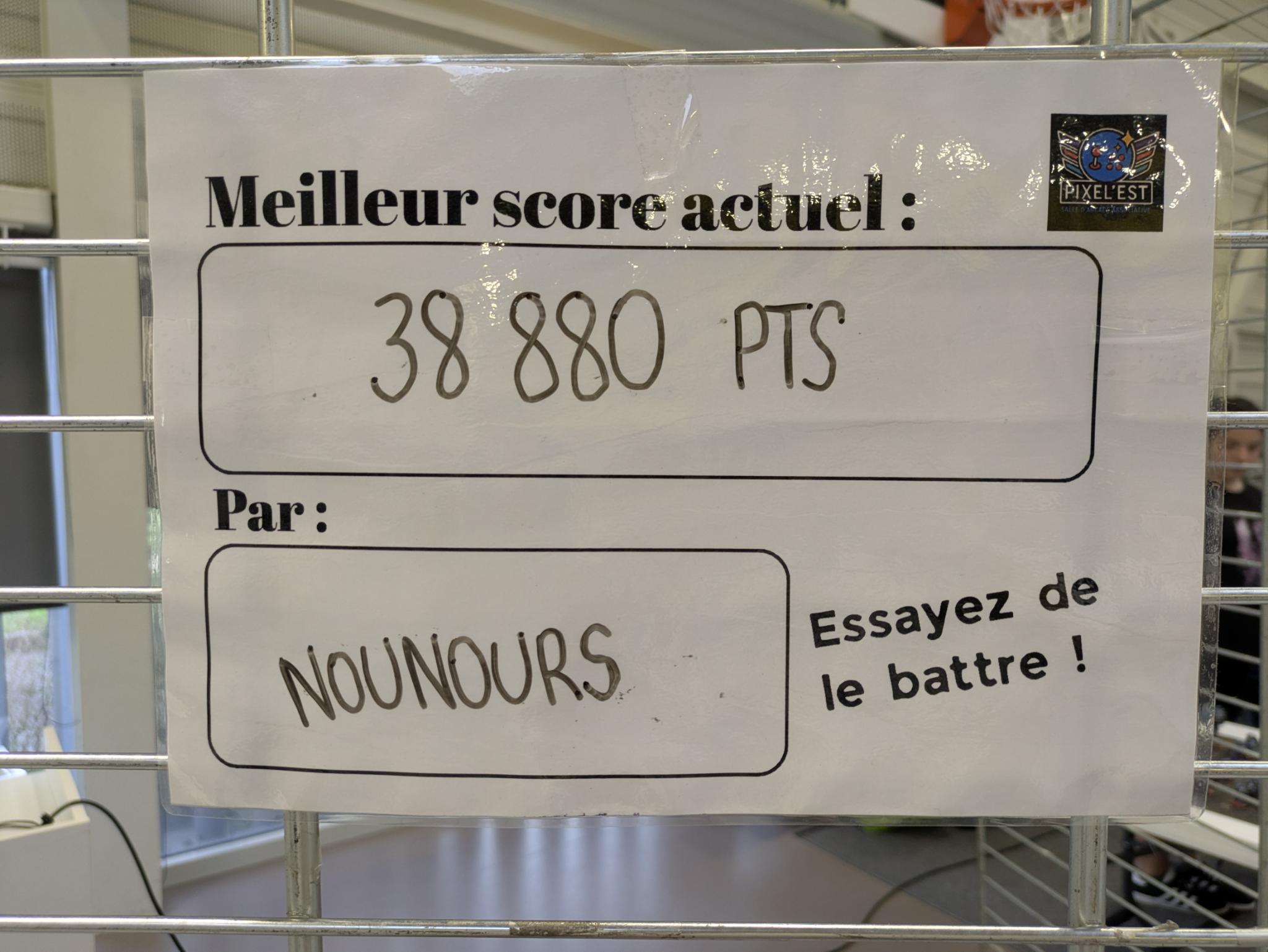 Tableau des meilleurs scores de Galaga, avec le score de Nounours